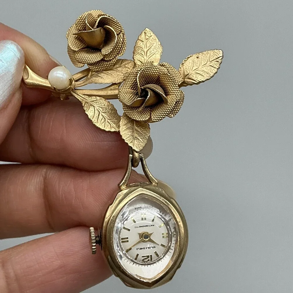 Vintage Golden Shield Nurse Brooch Watch Women 16mm Gold Tone White Dial Manual
